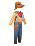 Boys western cowboy costume set includes plaid long sleeve shirt, cow print vest, denim pants, bandana and cowboy hat. Classic wild west styling, ideal for Halloween, themed birthday parties and kids storybook role-play.