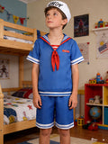 Boys' Strange Navy 3-Piece Set: Includes blue short-sleeve top, blue shorts and printed white hat with distinctive style. Ideal for theme parties, themed events and Halloween dress-up.
