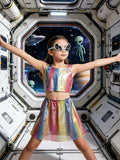 Girls Alien Costume Set, Laser Sleeveless Top + Skirt + Glasses for Halloween & Cosplay