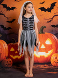 Girls Skeleton Print Dress & Veil Headpiece Unique jagged hem, ideal for Halloween and festival performances.