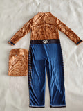 Kids superhero full outfit set, jumpsuit with matching mask. Classic hero themed design, long sleeve integrated top and trousers, vivid printed pattern, perfect for cosplay, party and dress-up games.