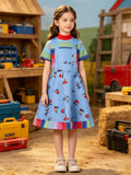 Girls tool print overall dress costume set with rainbow stripe short sleeve top. Playful cartoon tool pattern skirt, ideal for Halloween, toy themed parties and kids creative character role-play activities.