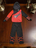 Boys' Dragon Pattern Martial Arts Costume (Hat & Belt Included): 1 digitally printed top with red-black contrast design, 1 black long pants and 1 hood. Boys ninja outfit for Halloween, masquerades, carnivals and various festival dress-up events.