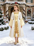 Girls royal princess long dress costume with gold trim and layered bell sleeves. Elegant two-tone design, floor-length cut, perfect for Christmas parties, cosplay and holiday dress-up events.