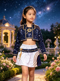 Girls 3-piece sequin stage costume, stand collar cropped sequin jacket, floral cami and elastic waist color block skirt. Gold fringe & ribbon bow details, starry navy tone for hip-hop and carnival performance dress-up.