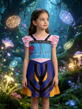 Girls fantasy adventure cosplay dress with ruffle cap sleeves. Faux zipper & buckle print bodice, color block geometric skirt, bright multi-color design for magic forest themed party and dress-up events.