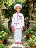 Kids professional chef costume set, stand collar long sleeve jacket, straight pants, chef hat and checkered glove. Red gingham trim detail, realistic name tag design for kitchen role-play and school career day.