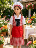 Girls chef costume set, ruffle short sleeve shirt, checkered vest, apron, skirt and matching chef hat. Classic red gingham design, perfect for kitchen role-play, Halloween and school career day dress-up.
