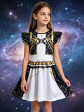 Girls space themed skater dress with ruffle cap sleeves. Black-white star print with golden geometric graphic, flared swing skirt, ideal for galaxy party, Halloween and themed cosplay dress-up.