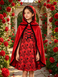 Girls fairy tale costume set with hooded lace cape and printed dress. Front corset lace-up design, classic red tone, great for Halloween, story-themed parties and role-play games.