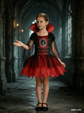 Girls vampire themed Halloween costume dress with stand bat collar and sheer mesh cape. Crisscross lace-up bodice, jagged tulle skirt, spooky gothic style for trick-or-treat and carnival party dress-up.
