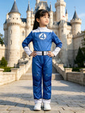 Kids adventure-themed jumpsuit costume with distinct chest badge detail, long sleeves and cargo-style pants. Ideal for theme parties, Halloween, cosplay and imaginative role-play activities for young kids.