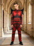 Boys devil themed jumpsuit costume matched with detachable horn decorations. Muscle printed long sleeve one-piece outfit, spooky styling, perfect for Halloween parties and scary role-play.