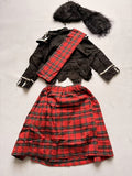 Girls Scottish folk costume set, stand collar black long sleeve top with white piping, red plaid sash and pleated midi skirt. Classic tartan design for folk dance performance and school cultural day dress-up.
