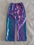 Girls 2-piece metallic stage outfit, cropped hooded long sleeve top matched with elastic waist wide leg pants. Shiny iridescent fabric, cool street style for hip-hop shows and runway costume events.