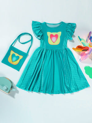 Cat-head print dress + printed bag, polka dot flutter sleeves. Great for holidays and performances.