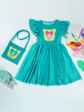 Cat-head print dress + printed bag, polka dot flutter sleeves. Great for holidays and performances.
