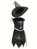 Girls White Spider Print Witch Costume Dress Set