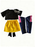 Girls cool street style costume set includes printed cropped top, yellow skirt overlay and padded leggings. Trendy racing inspired look, great for stage shows, themed parties and kids dress-up activities.