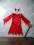 Kids Devil Costume Red Dress with Horns Headband & Pitchfork for Halloween Party Cosplay