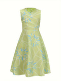 Girls Sleeveless Green Fit-and-Flare Dress with Geometric Print