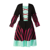 Girls striped pirate costume dress with layered design. Long bell sleeves and crisscross lace-up front. Ideal for Halloween, sea adventure themed parties, carnival and kids imaginative pirate role-play.