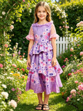 Girls purple floral layered midi dress with polka dot mesh short sleeves. Ruffle neckline and multi-tiered skirt design. Perfect for garden parties, photo shoots, casual outings and themed dress-up occasions.