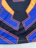 Girls fantasy adventure cosplay dress with ruffle cap sleeves. Faux zipper & buckle print bodice, color block geometric skirt, bright multi-color design for magic forest themed party and dress-up events.