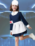 Girls 4Pcs Nurse Costume Set, Dress with Bib, Armband & Nurse Cap
