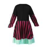Girls striped pirate costume dress with layered design. Long bell sleeves and crisscross lace-up front. Ideal for Halloween, sea adventure themed parties, carnival and kids imaginative pirate role-play.