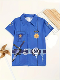 Boys police costume set includes printed short sleeve uniform shirt and denim pants. Badge & equipment graphic design. Ideal for career day, Halloween, cop themed parties and kids police role-play activities.