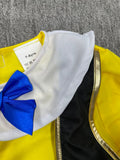 Boys' Outfit: a Pure Yellow Top Combined with Bright Red Pants in a Jumpsuit Style, Plus a Yellow Hat; Features a Stylish Round Neck Design Paired with a Blue Bow Tie