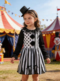 Girls' Clown Black Dress Set: a Black And White Striped Color-Block Dress + 1 Headpiece, Featuring Pom-Poms on The Front And an Elastic Waist Design, Suitable for Halloween And Other Festive Occasions