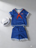 Boys' Strange Navy 3-Piece Set: Includes blue short-sleeve top, blue shorts and printed white hat with distinctive style. Ideal for theme parties, themed events and Halloween dress-up.