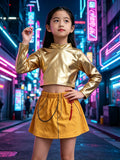 Girls 2-piece stage costume set, shiny metallic long-sleeve cropped top matched with yellow pleated skirt. Chain & tassel ornament details, cool street style for dance performance and party dress-up.