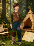 Boys jungle explorer costume set includes camouflage long sleeve top, printed adventure trousers and harness vest. Outdoor wilderness design, ideal for Halloween, camping themed parties and explorer role-play activities.