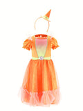 Girls Cute Pumpkin Witch Dress with Headband for Halloween