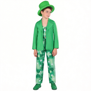 Boys green leprechaun costume set includes blazer, printed vest, clover pants and matching top hat. Classic shamrock & star pattern design. Great for St. Patrick's Day, carnival and holiday themed dress-up activities.