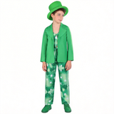 Boys green leprechaun costume set includes blazer, printed vest, clover pants and matching top hat. Classic shamrock & star pattern design. Great for St. Patrick's Day, carnival and holiday themed dress-up activities.