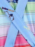 Girls tool print overall dress costume set with rainbow stripe short sleeve top. Playful cartoon tool pattern skirt, ideal for Halloween, toy themed parties and kids creative character role-play activities.