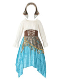 Kids rustic folk costume set, ruffle long sleeve blouse, lace-up waist corset, irregular hem skirt and printed headscarf. Tassel decorated apron overlay, pastoral ethnic style for harvest festival and folk dance dress-up.