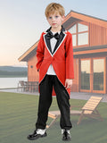 Boys ringmaster costume set includes red tailcoat, white inner shirt, black trousers and bow tie. Classic circus styling, ideal for Halloween, carnival, stage performance and themed dress-up activities.