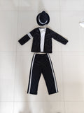 Kids retro pop star 4-piece costume set, sequin stripe zip jacket, ruffle inner shirt, silver side stripe trousers and matching glitter hat. Classic concert stage silhouette for singing performance and Halloween cosplay.