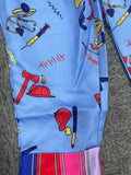 Boys toy themed costume set includes colorful striped long sleeve shirt and light blue printed overalls. Fun tool graphic prints, ideal for Halloween, themed parties, school dress-up and kids creative role-play.