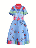 Girls tool print overall dress costume set with rainbow stripe short sleeve top. Playful cartoon tool pattern skirt, ideal for Halloween, toy themed parties and kids creative character role-play activities.