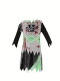 Girls zombie cheerleader costume dress with torn hem and blood splatter print. Long inner sleeves & ruined cheer uniform design. Ideal for Halloween, haunted themed parties and scary zombie role-play activities.
