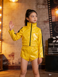 Girls' Outfit: 1pc Top And 1pc Shorts, Short Top Design, Main Color Bright Yellow, Black Contrast Vertical Stripes on Sleeve Outseams, Girls' Halloween And Various Carnival Festival Party Performance Costume