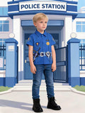 Boys police costume set includes printed short sleeve uniform shirt and denim pants. Badge & equipment graphic design. Ideal for career day, Halloween, cop themed parties and kids police role-play activities.