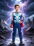 Boys legendary warrior costume set includes printed jumpsuit and detachable red cape. Armor graphic & mesh sleeve design. Ideal for Halloween parties, superhero themed events and kids fantasy role-play activities.