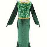 Girls Green Velvet Slim Fit Maxi Dress with Chest Print for Halloween Princess Cosplay